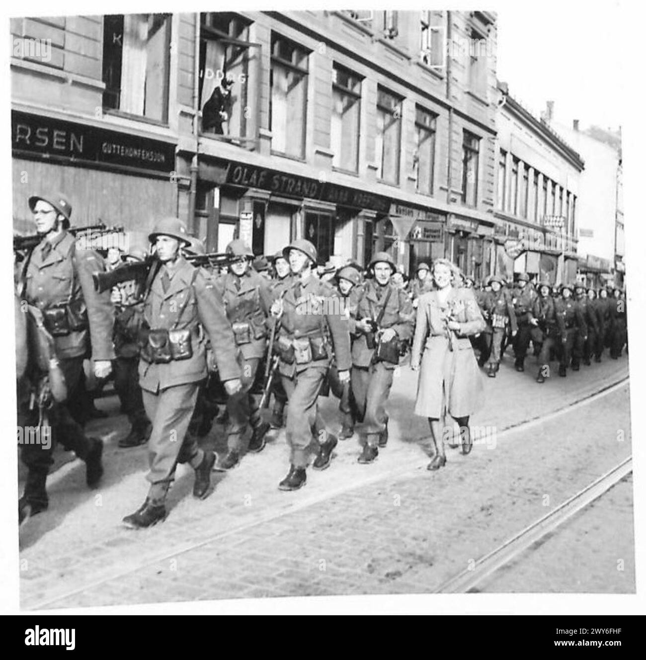 BRITISH TROOPS ARRIVE IN OSLO - Norwegian police who have been training in Sweden, since the German occupation arriving in Oslo. , British Army, 21st Army Group Stock Photo