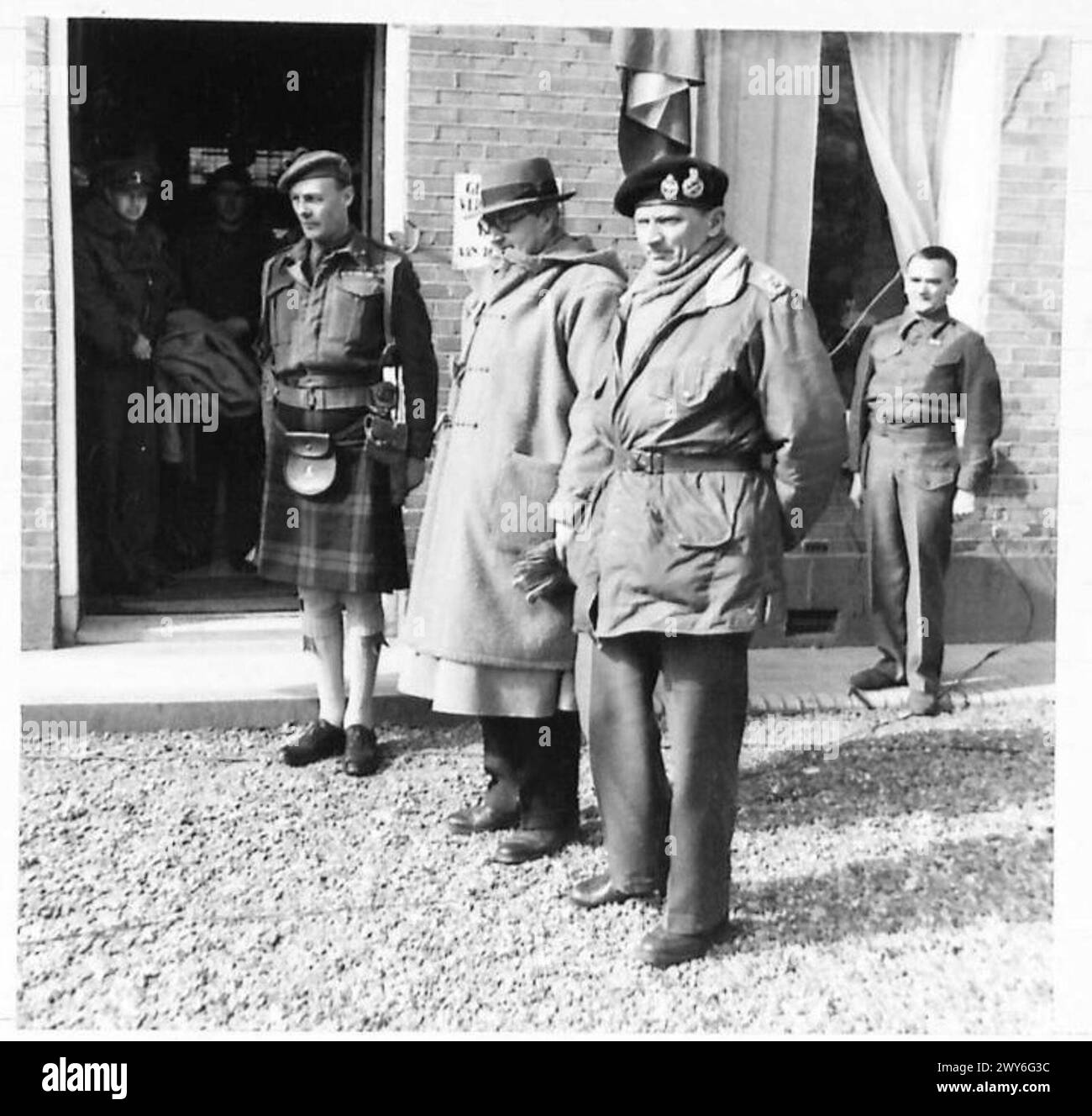 MINISTER FOR WAR VISITS GERMANY - The Minister with Field Marshal Montgomery leaving the H.Q. , British Army, 21st Army Group Stock Photo