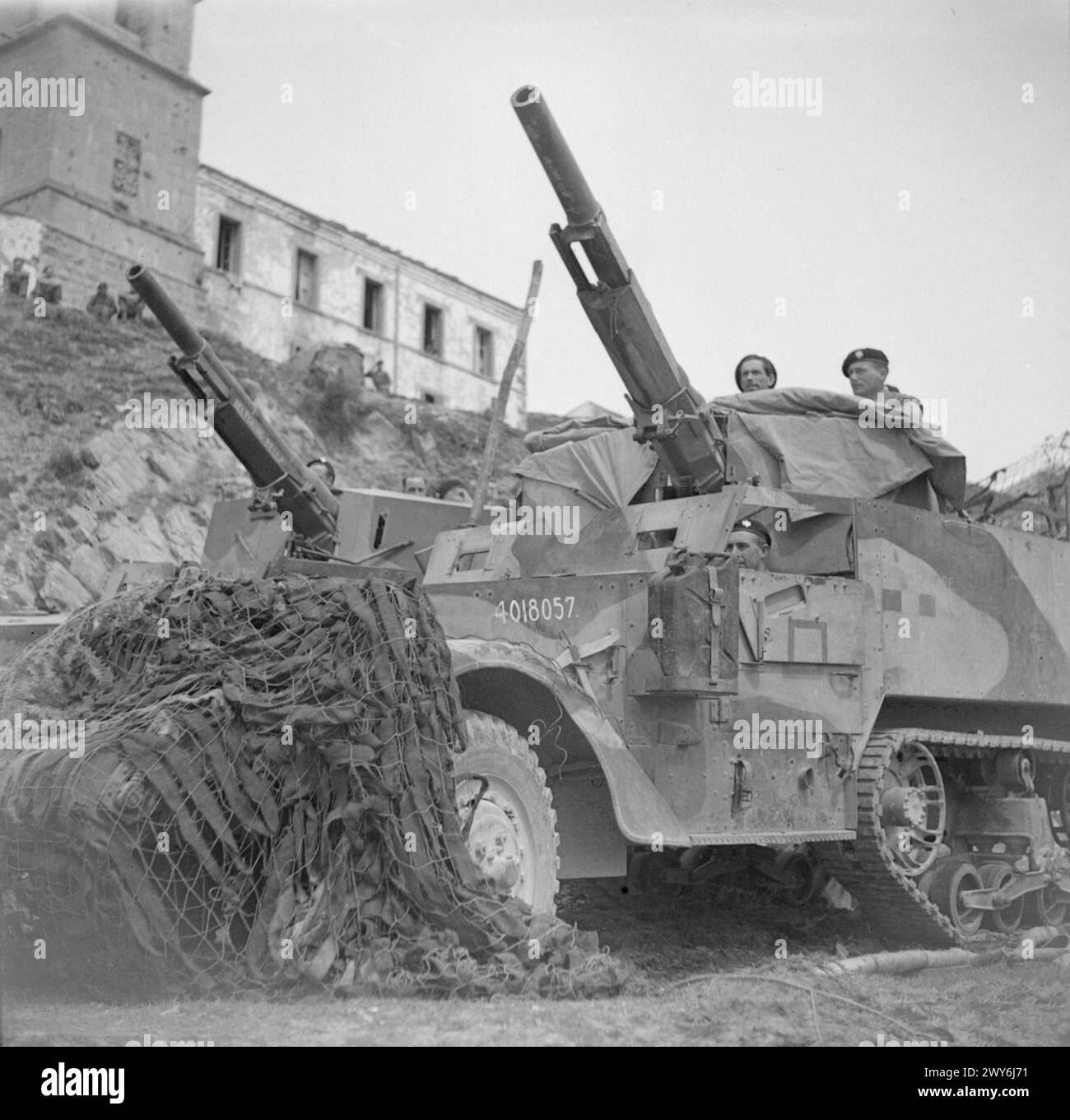 THE BRITISH ARMY IN ITALY 1944 - Two M3 half-tracks mounting 75mm guns of the King's Dragoon Guards, 7 May 1944. , Stock Photo