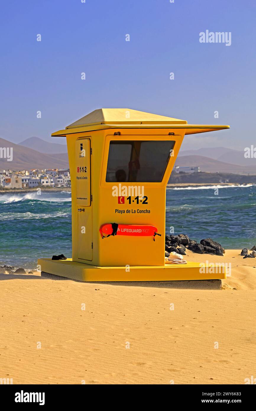 Yellow plastic lifeguard station at La Concha beach, El Cotillo, Fuerteventura, Canary Islands, Spain. Taken February 2024 Stock Photo