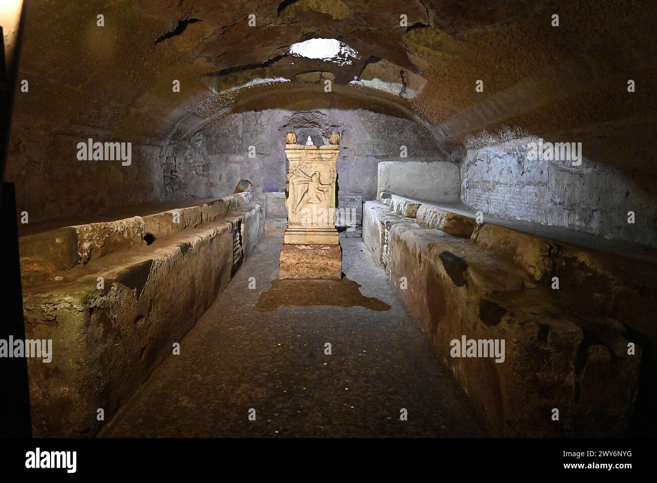 Italy, Rome: interior of the mithraeum (sanctuary of the cult of Mithras), Roman imperial building located several meters below the Basilica of Saint Stock Photo