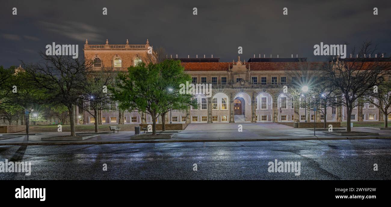 Night view of an illuminated building on the Texas Tech University campus at Lubbock, Texas, USA Stock Photo