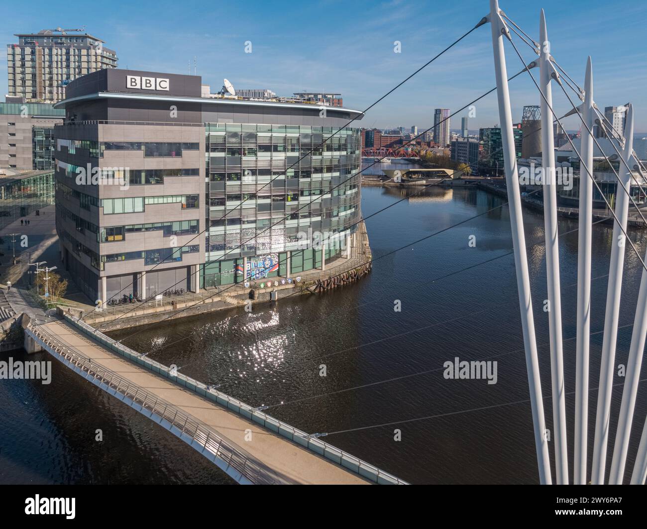 Drone photo low down over the Manchester Ship Canal with the Media City ...