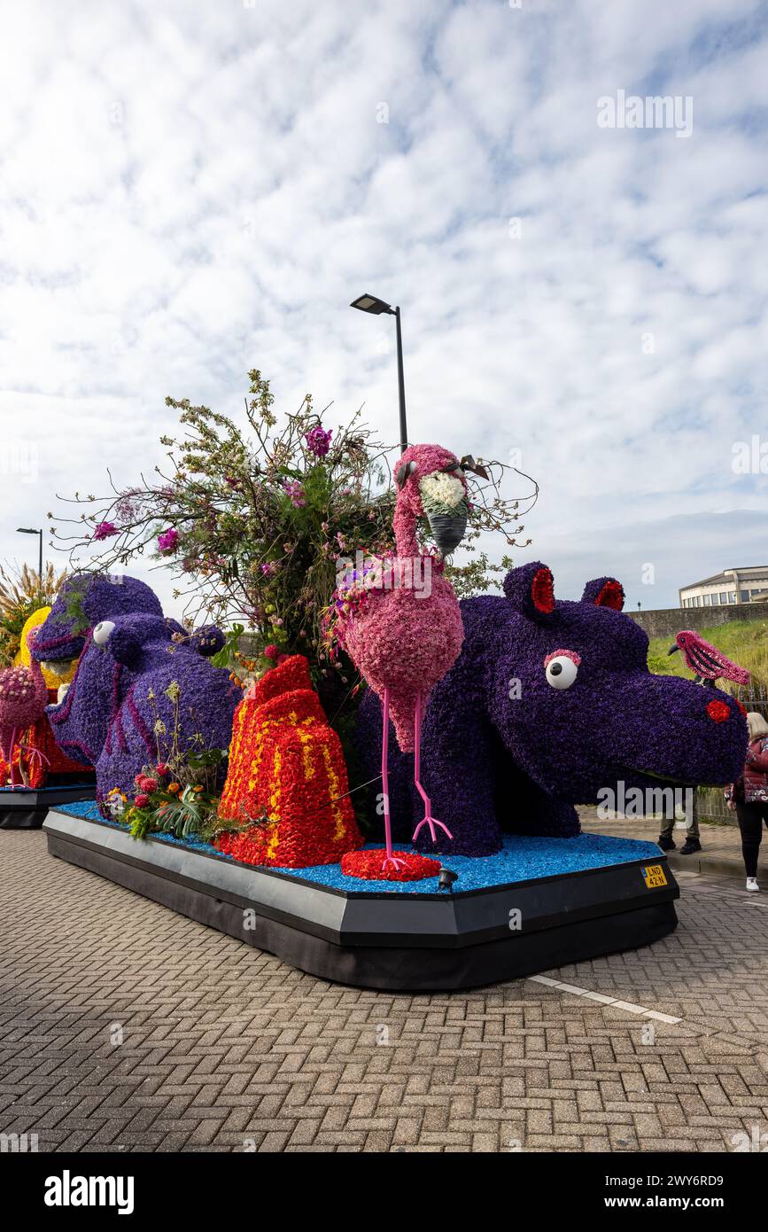 Noordwijk, Netherlands - April 22, 2023: Spectacular flower covered floats in the Bloemencorso Bollenstreek the annual spring flower parade from Noord Stock Photo