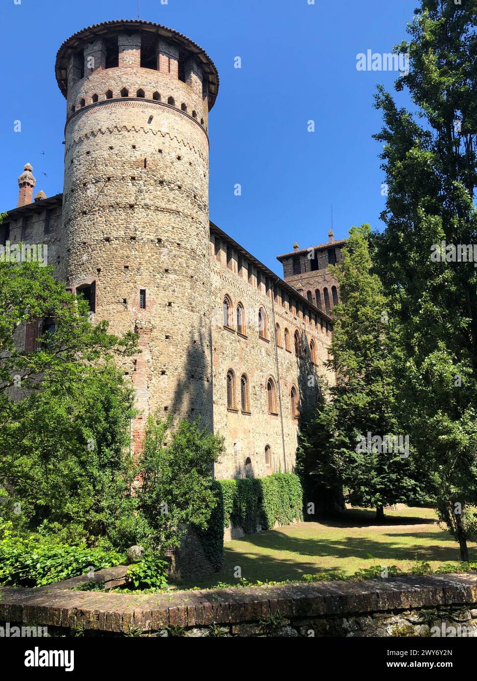 Grazzano Visconti, italy - june 11, 2023: close view of round tower of grazzano visconti medieval castle in piacenza province Stock Photo