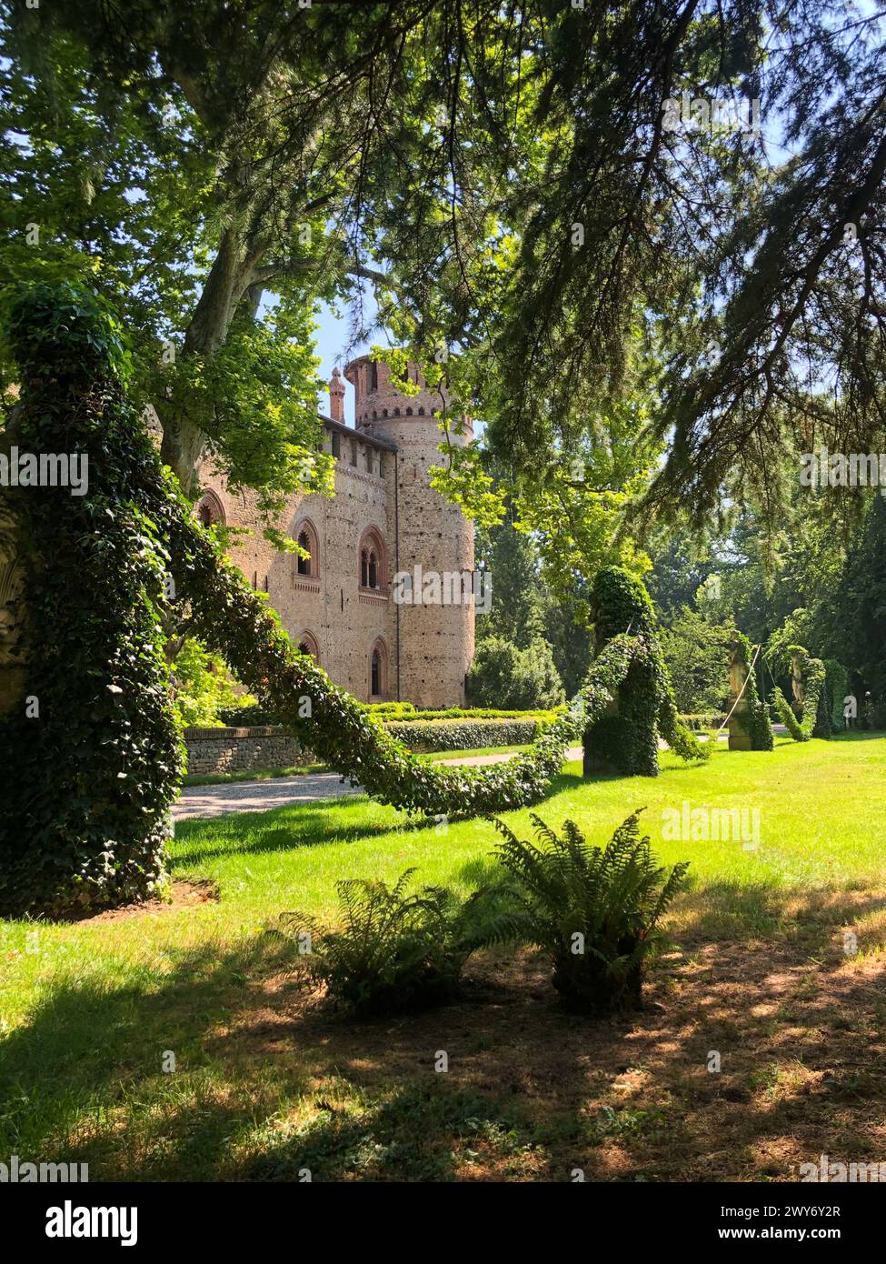 Grazzano Visconti, italy - june 11, 2023: view from the park of medieval castle built in 1395 and later refurbished in piacenza province Stock Photo