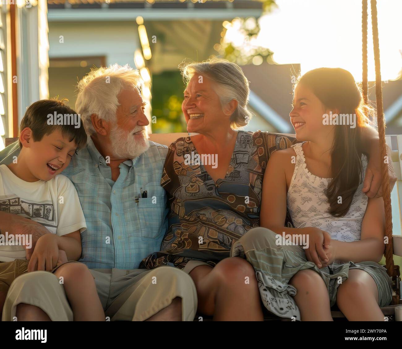 A family of four, including a grandfather and his grandchildren, are sitting on a swing and laughing together Stock Photo