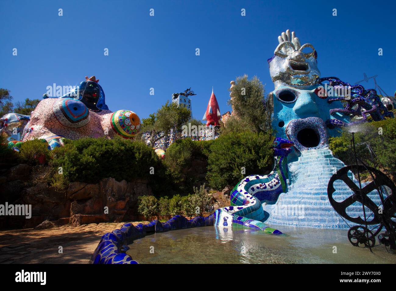 Famous Tarot Garden in Tuscany, Italy featuring iconic Mago and La Papessa artworks by Niki Stock Photo