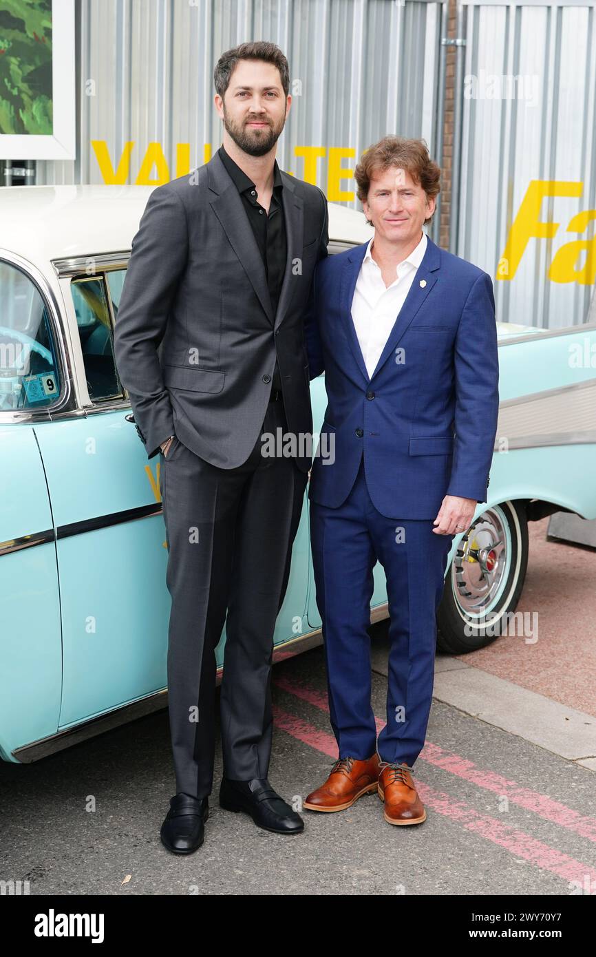 James Altham (left) and Todd Howard arriving for a UK special screening of Fallout at the Television Centre in White City, West London. Picture date: Thursday April 4, 2024. Stock Photo