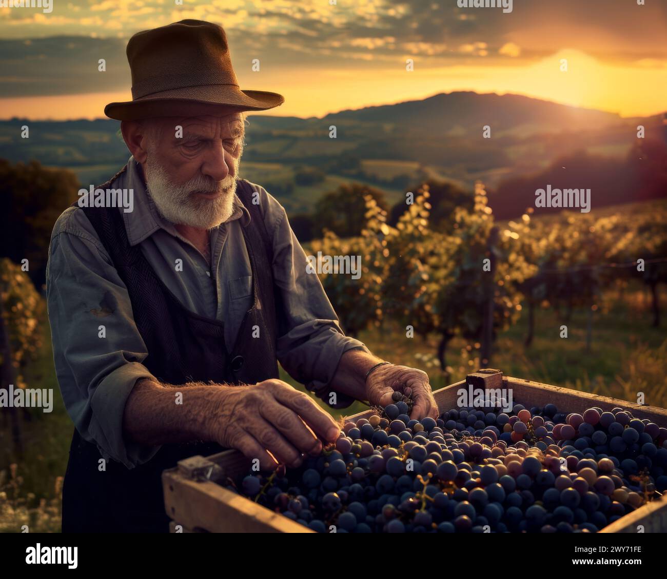 A man wearing a hat harvesting grapes from a container Stock Photo - Alamy