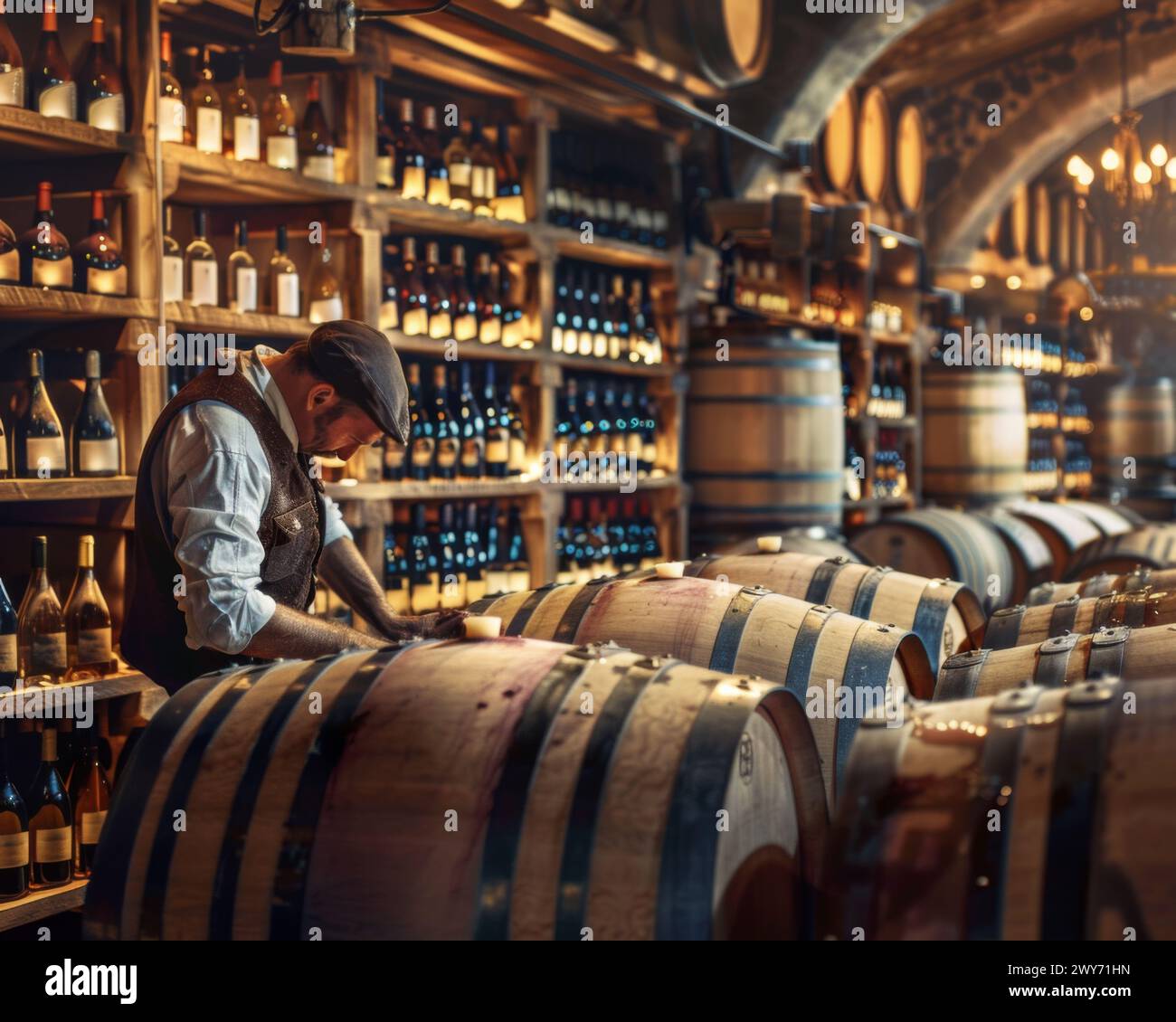 A man is standing among barrels filled with wine. Stock Photo