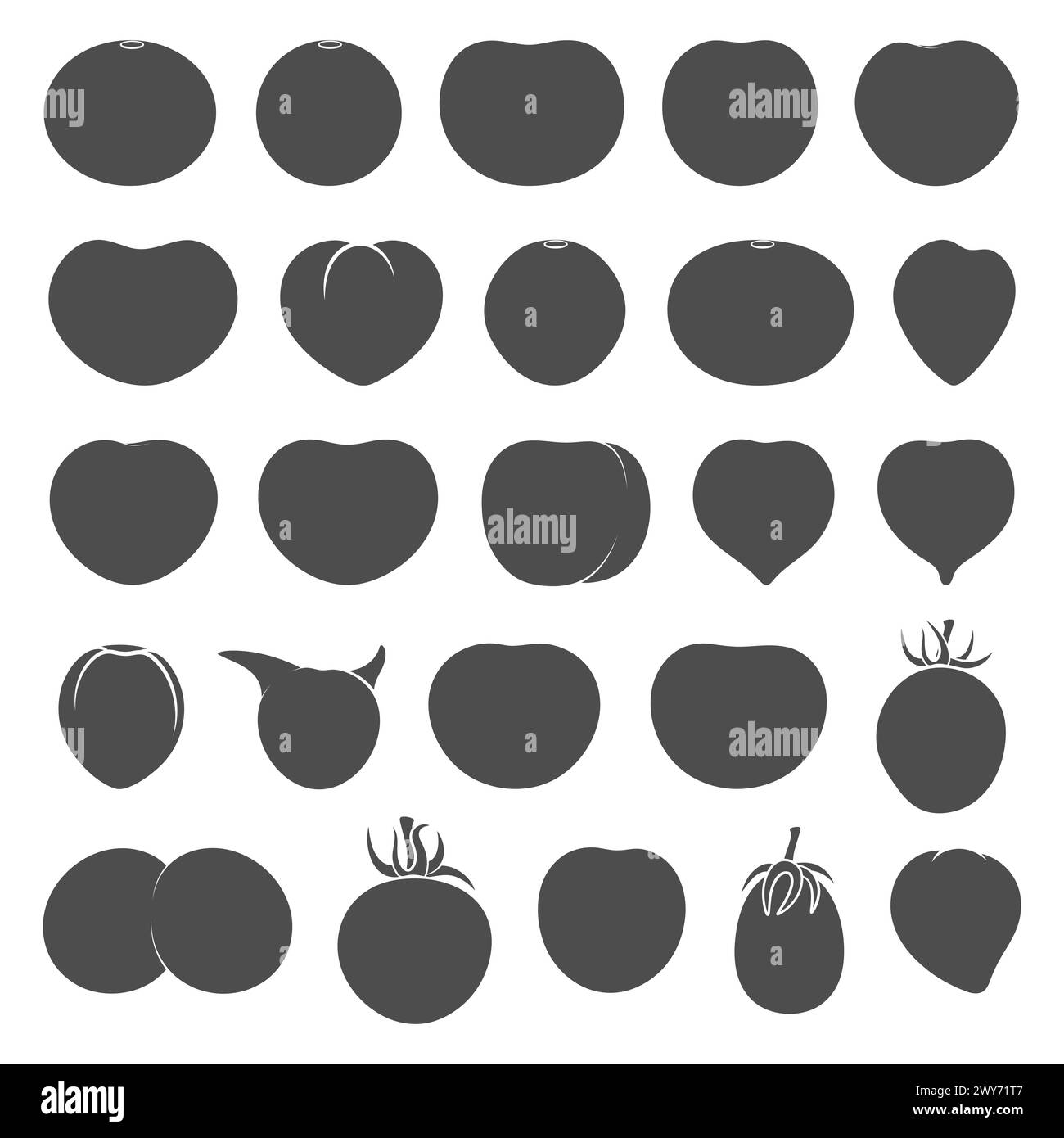 Set of black and white illustrations with tomatoes. Isolated vector objects on white background. Stock Vector