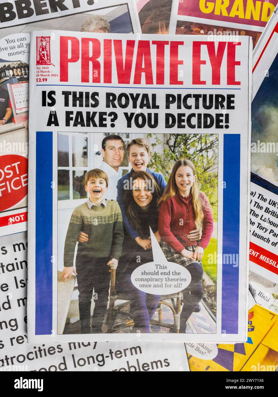 'Is this Royal Picture a fake?...' front cover of Private Eye magazine in the 15-28 March 2024 edition (No 1619) after altered Royal photo published. Stock Photo