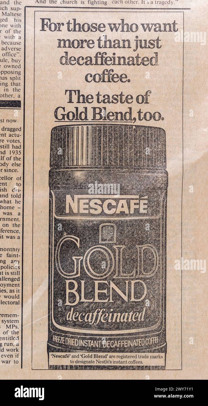 Advert for Nescafe Gold Blend decaffeinated in the Sunday Times newspaper (original copy), 7th October 1984. Stock Photo
