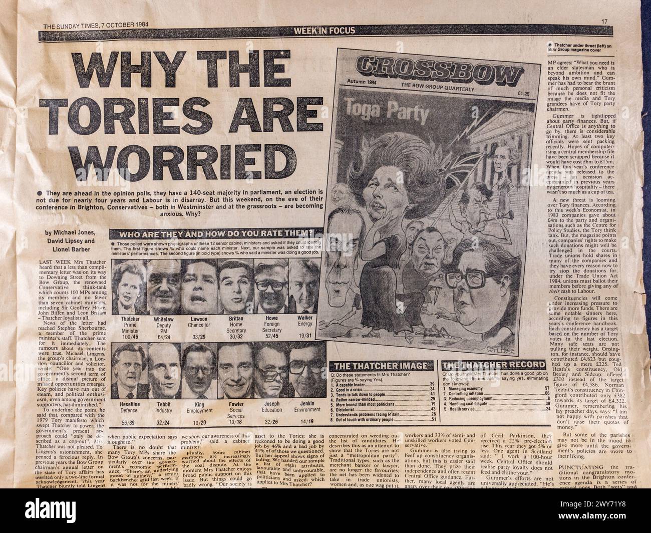 'Why the Tories are worried' article on Margaret Thatchers Conservative party in the Sunday Times newspaper (original copy), 7th October 1984. Stock Photo