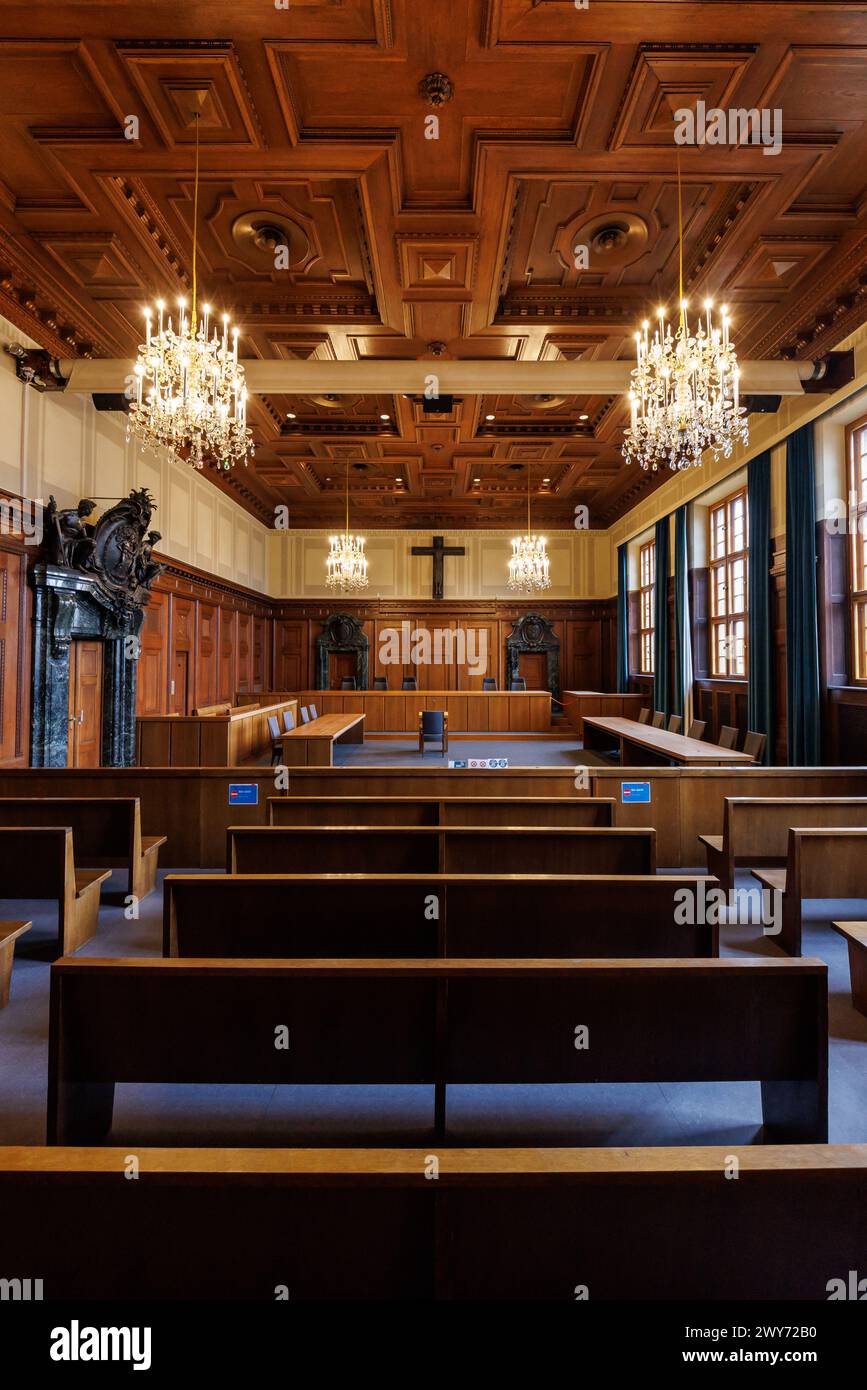 Nuremberg, Germany. 04th Apr, 2024. View of the historic jury courtroom 600 in the 'Memorium Nuremberg Trials' in the Nuremberg Justice Building. The 'main war crimes trial' of the International Military Tribunal against leading representatives of the National Socialist regime took place in Hall 600 of the Nuremberg Justice Building from November 20, 1945 to October 1, 1946. Credit: Daniel Karmann/dpa/Alamy Live News Stock Photo