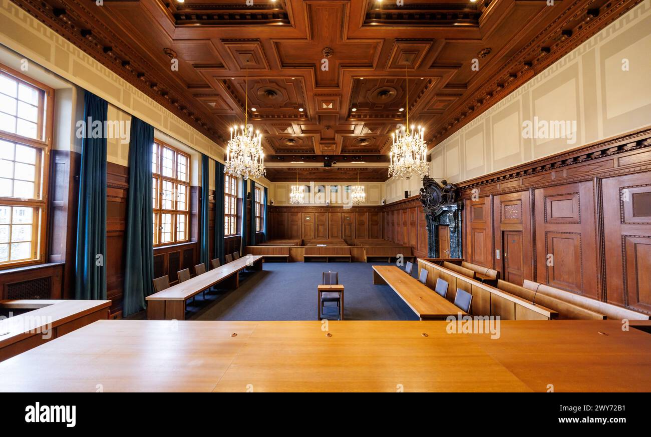 Nuremberg, Germany. 04th Apr, 2024. View of the historic jury courtroom 600 in the 'Memorium Nuremberg Trials' in the Nuremberg courthouse. The dock can be seen on the right. The 'Main War Crimes Trial' of the International Military Tribunal against leading representatives of the National Socialist regime took place in Hall 600 of the Nuremberg Justice Building from November 20, 1945 to October 1, 1946. Credit: Daniel Karmann/dpa/Alamy Live News Stock Photo