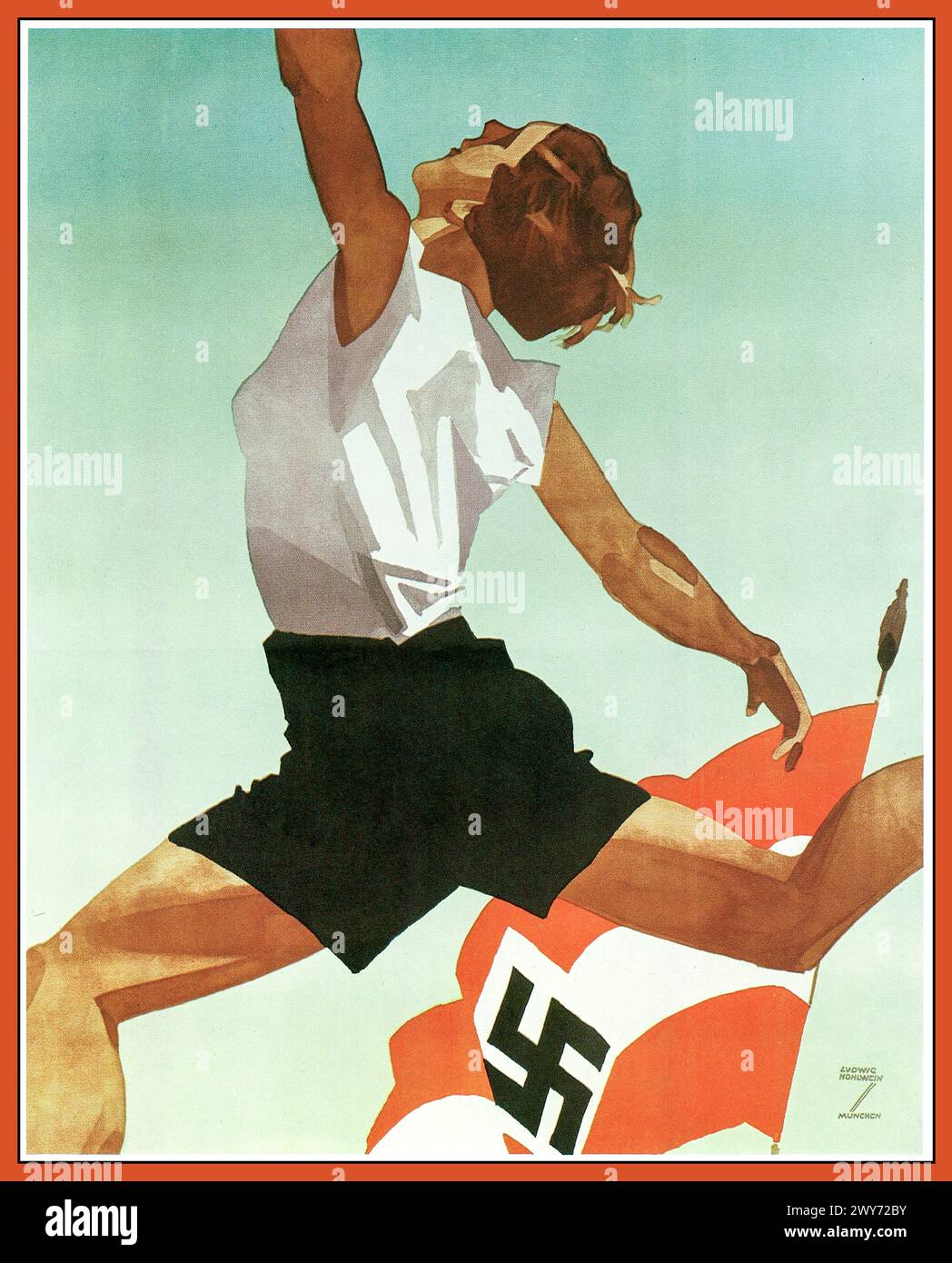 1930s Nazi Propaganda Poster linking the Nazi swastika flag with health wellbeing and sport. by prolific Nazi regime artist : Ludwig Hohlwein Munich Nazi Germany Poster, design by Ludwig Hohlwein / Munich) c1936. Stock Photo