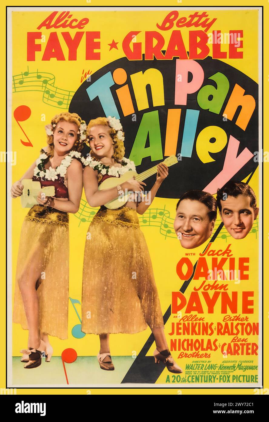 Tin Pan Alley poster for a 1940 musical film directed by Walter Lang and starring Alice Faye and Betty Grable (their only film together) as vaudeville singers/sisters and John Payne and Jack Oakie as songwriters in the years before World War I.    Alice Faye as Katie Blane/ Betty Grable as Lily Blane/ Jack Oakie as Harry Calhoun/ John Payne as Francis 'Skeets' Harrigan./ Allen Jenkins as Casey./ Esther Ralston as Nora Bayes Fayard Nicholas as Dance Specialty/ Harold Nicholas as Dance Specialty./ Ben Carter as Boy/ John Loder as Captain Reginald 'Reggie' Carstair /Elisha Cook Jr. as Joe Codd/ Stock Photo