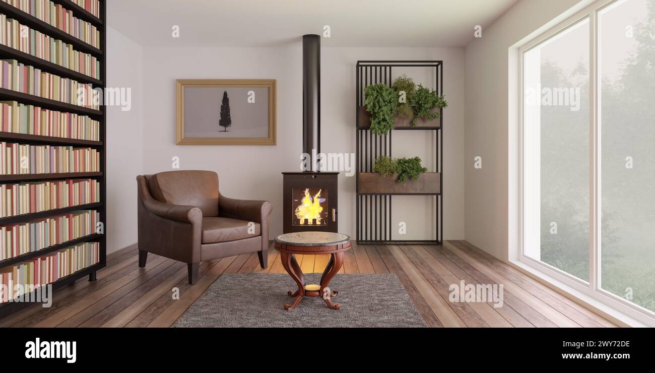 A cozy living room with fireplace and furniture 3d render illustration ...