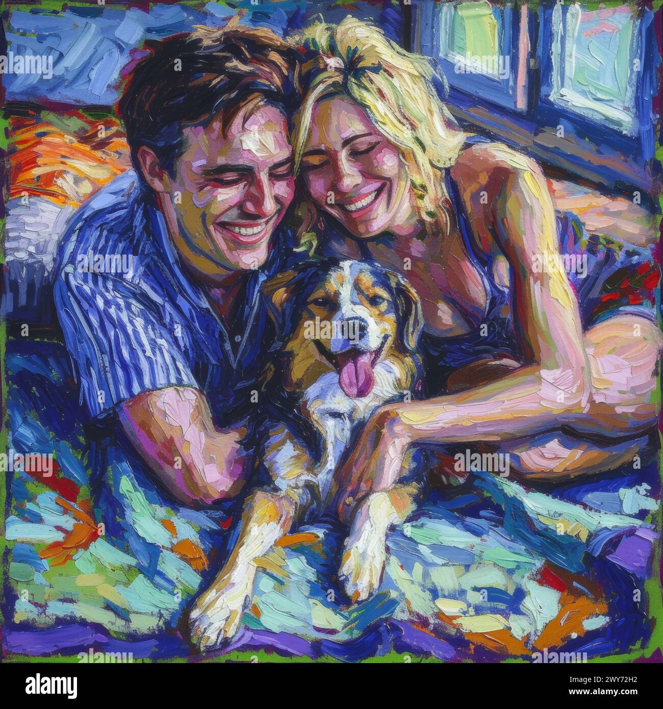 A painting depicting a man and woman lying on a bed with their dog ...