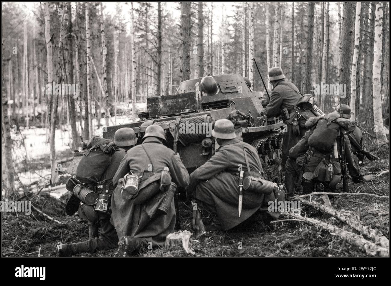 WW2 1942 Mountain rangers from the XVIII Army Corps of the Nazi Germany Wehrmacht are advancing under the cover of a Pz.Kpfw tank in the forest in the Kestenga direction. "Kestenga Offensive Operation" Karelia North West USSR Stock Photo
