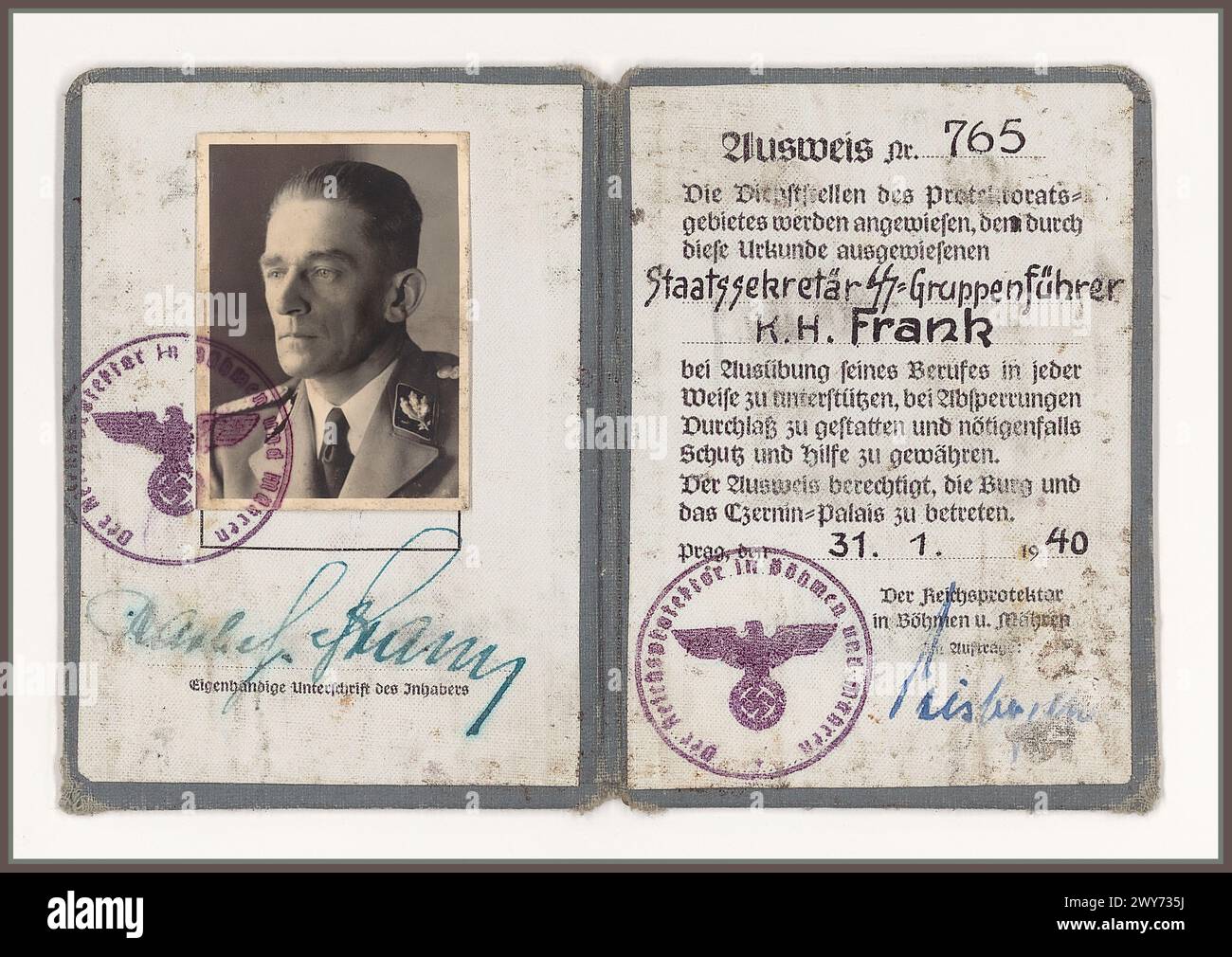 Nazi Ausweis Identity Document for K. H. Frank from 31.1.1940 still as SS-Gruppenführer and state secretary at the Reich Protector for Bohemia and Moravia, later SS-Obergruppenführer and state minister for Bohemia and Moravia. Part of the file from the trial of K. H. Frank at the Extraordinary People's Court in Prague. Extraordinary People's Court Prague, K.H. Frank, After the war, he was tried, convicted and executed by hanging for his role in organizing the massacres of the people of the Czech villages of Lidice and Ležáky. Stock Photo