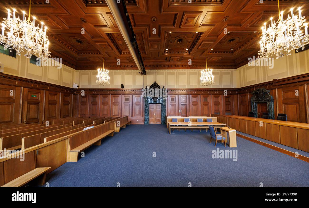 Nuremberg, Germany. 04th Apr, 2024. View of the historic jury courtroom 600 in the 'Memorium Nuremberg Trials' in the Nuremberg Justice Building. The 'main war crimes trial' of the International Military Tribunal against leading representatives of the National Socialist regime took place in Hall 600 of the Nuremberg Justice Building from November 20, 1945 to October 1, 1946. Credit: Daniel Karmann/dpa/Alamy Live News Stock Photo