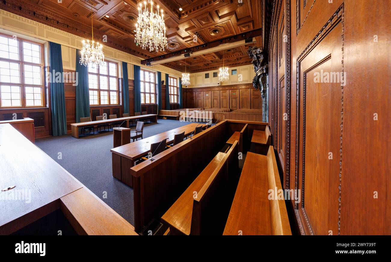 Nuremberg, Germany. 04th Apr, 2024. View of the historic jury courtroom 600 in the 'Memorium Nuremberg Trials' in the Nuremberg courthouse. The dock can be seen on the right. The 'Main War Crimes Trial' of the International Military Tribunal against leading representatives of the National Socialist regime took place in Hall 600 of the Nuremberg Justice Building from November 20, 1945 to October 1, 1946. Credit: Daniel Karmann/dpa/Alamy Live News Stock Photo