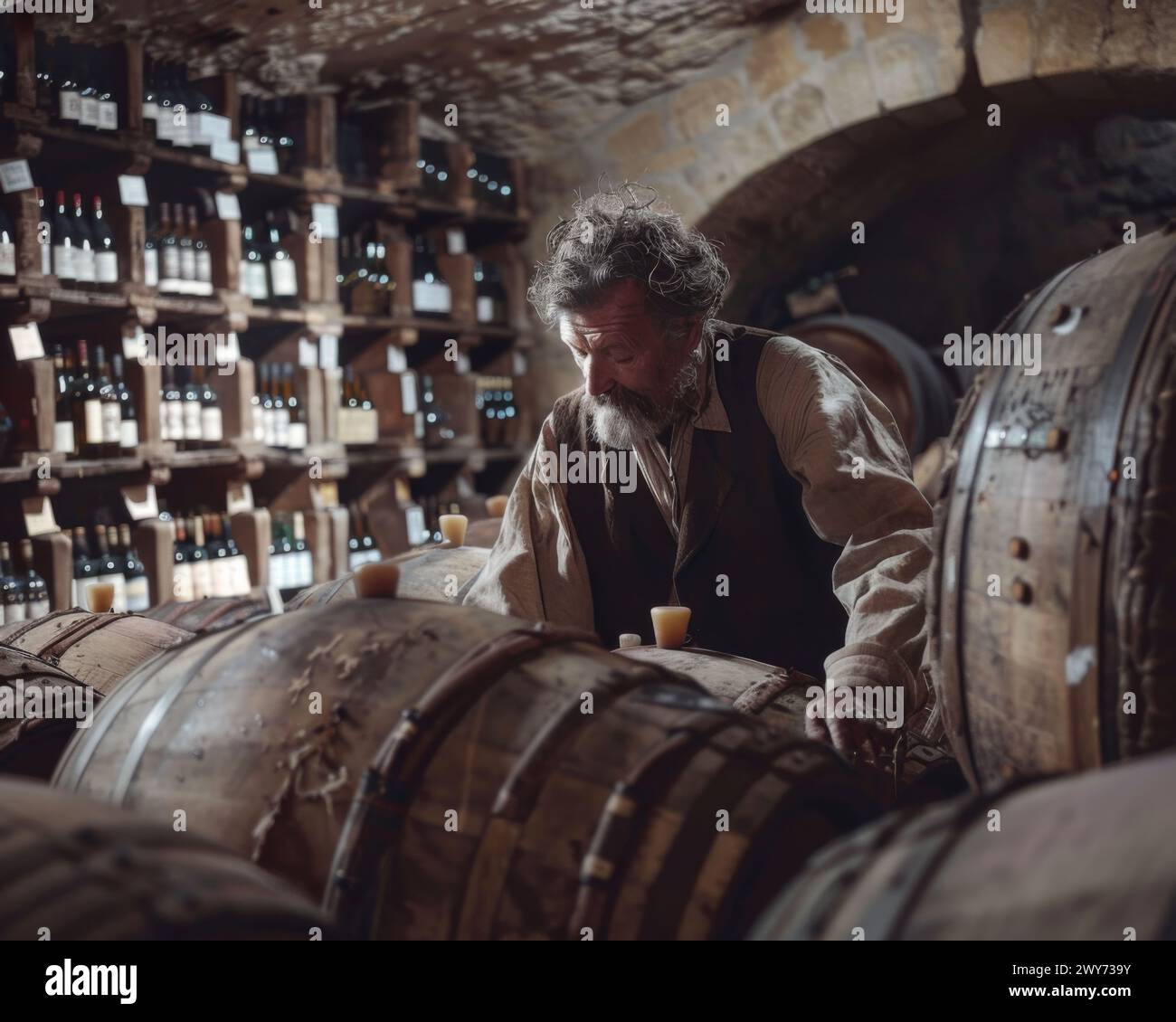 A man standing among numerous wine barrels in a cellar. Stock Photo