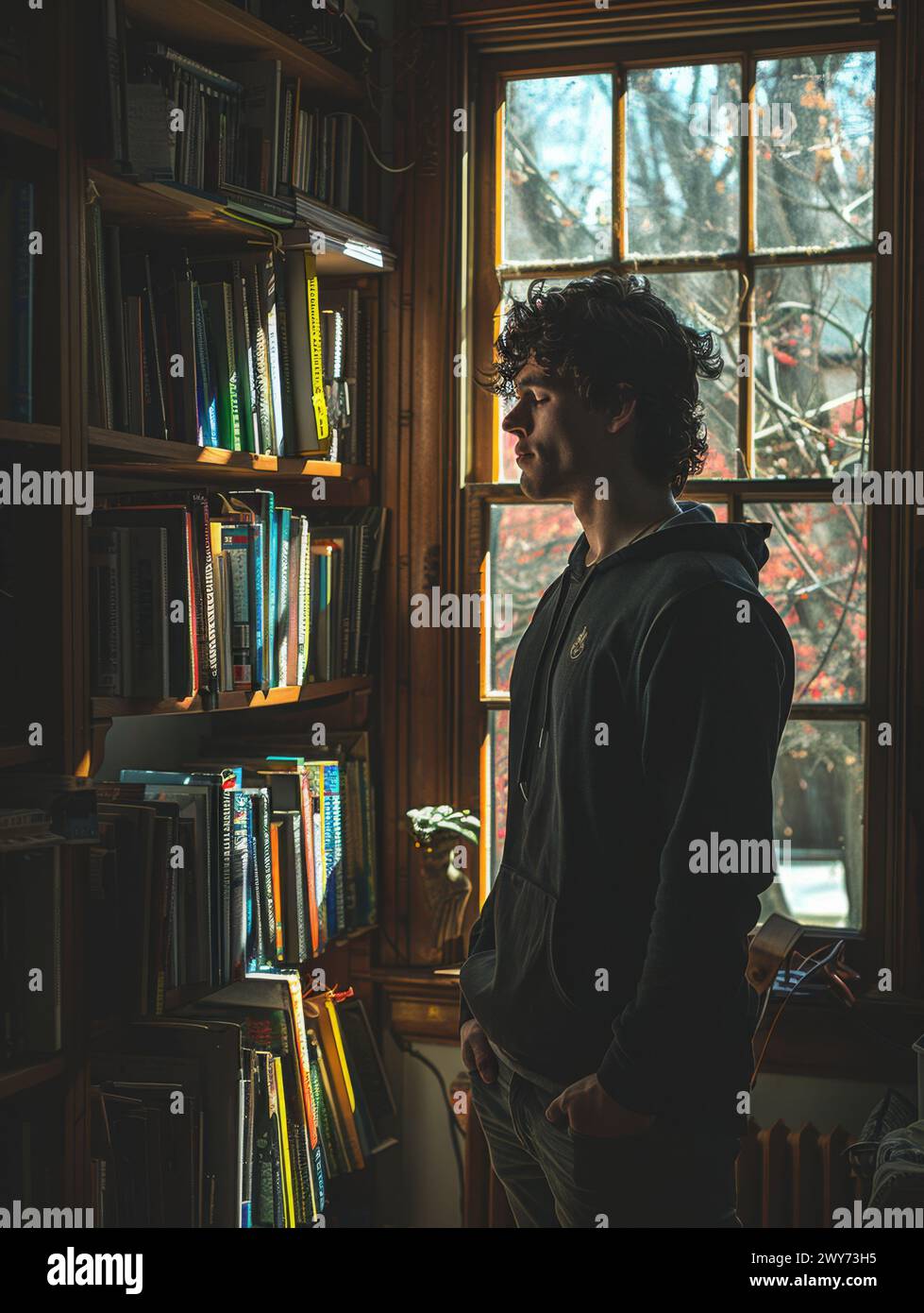 A man is standing in front of a tall bookshelf packed with various books. Stock Photo