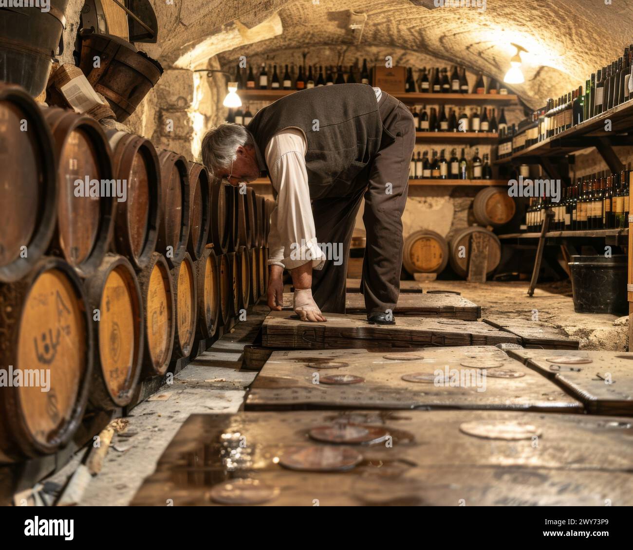 A man stooping down in a wine cellar surrounded by wine bottles. Stock Photo