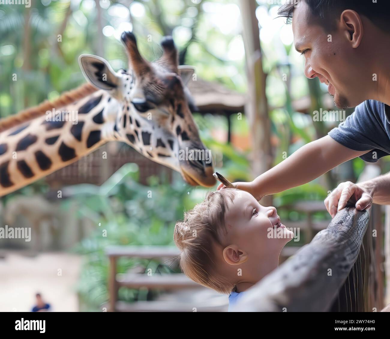 A man and a child are petting a giraffe at a zoo. The child is smiling and the man is smiling as well Stock Photo