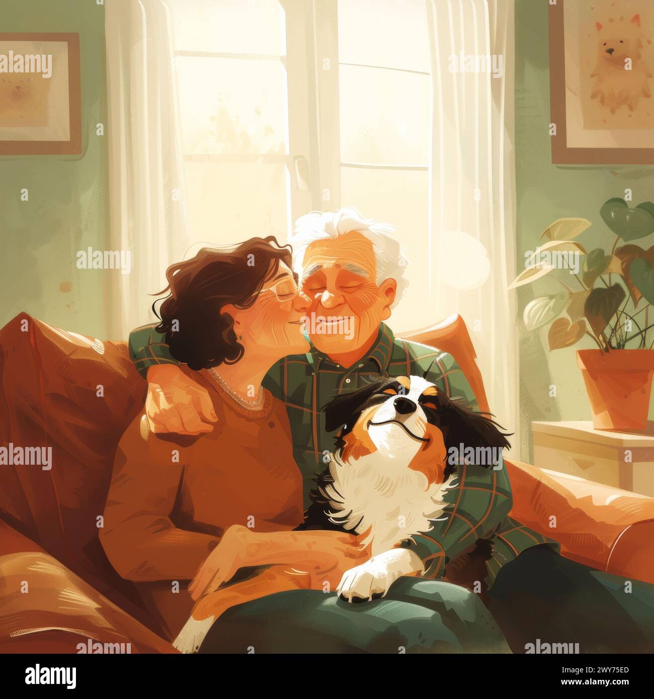 A painting depicting a man and woman sitting on a couch with a dog ...