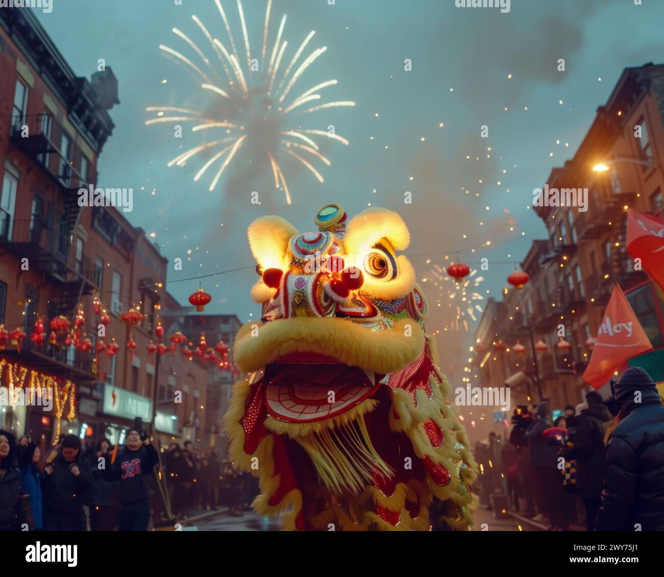 A traditional dragon dance performance with vibrant fireworks in the ...