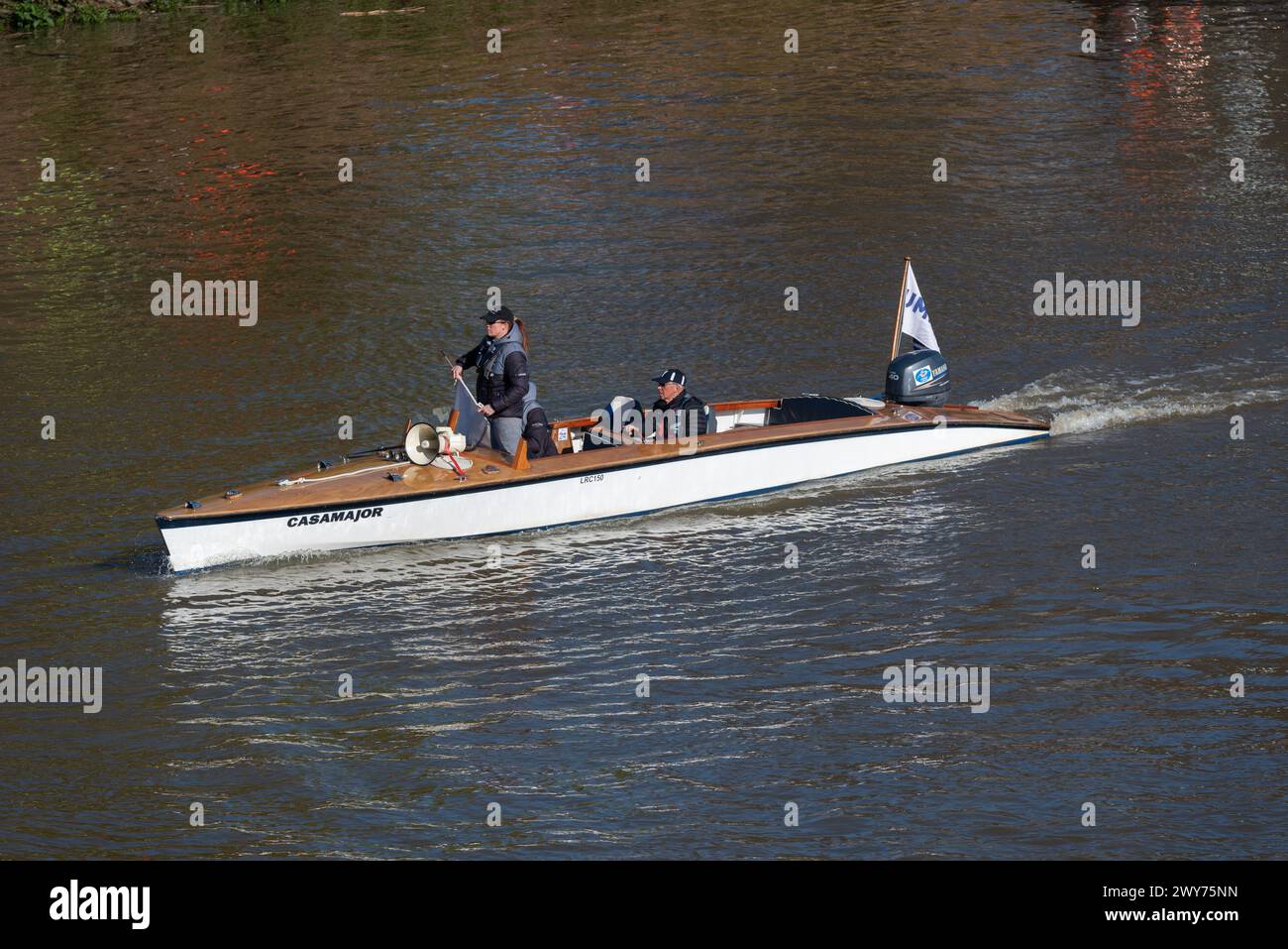Chase boat named Casamajor at the University Boat Race 2024. Umpire launch on the River Thames for the Women's Reserve race Stock Photo