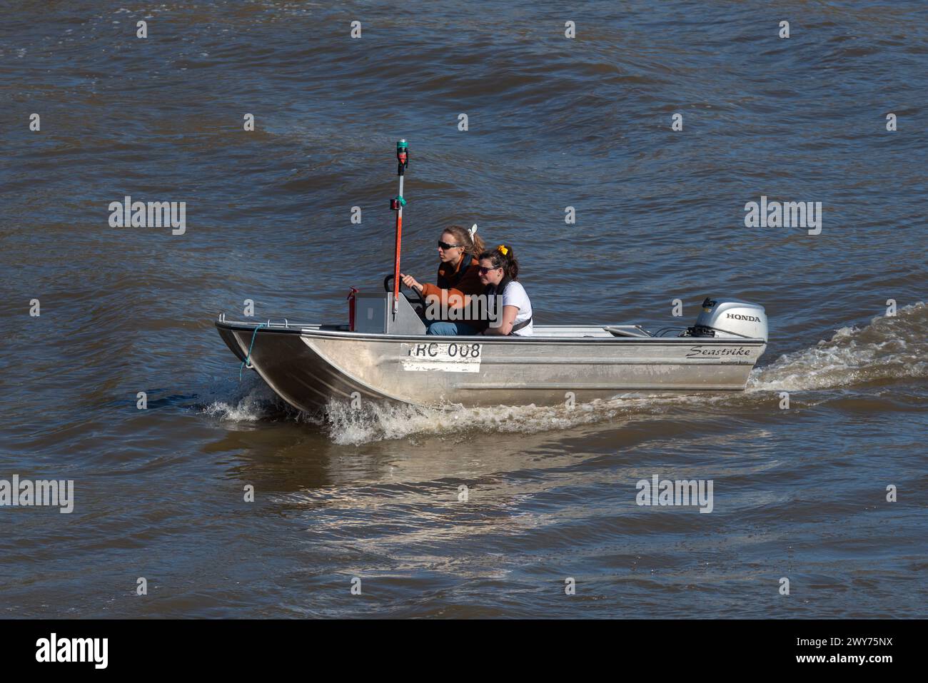 Small Seastrike Aluminium Boats chase boat at the University Boat Race at Mortlake, London, UK Stock Photo