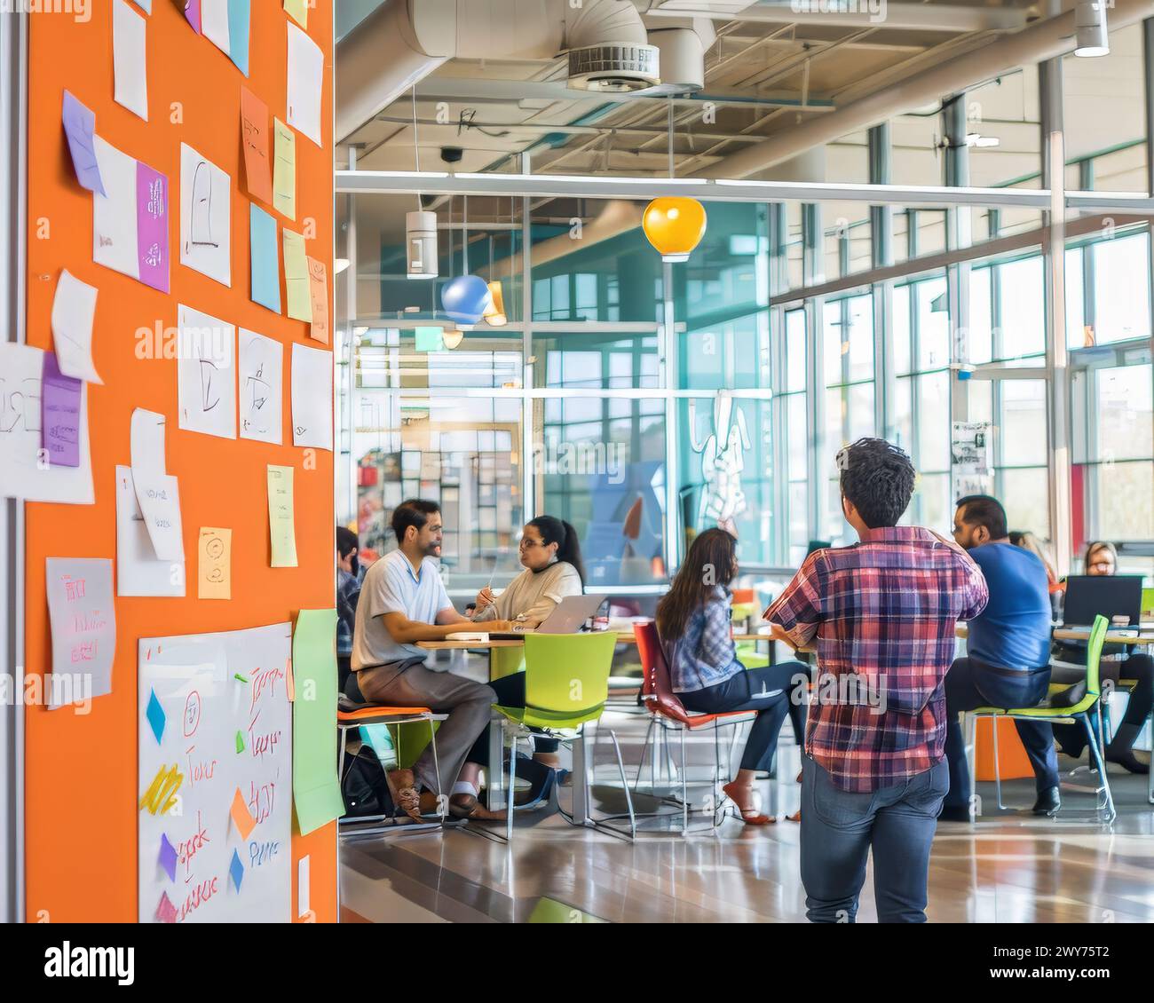A group of people are gathered around a wall covered in colorful sticky ...