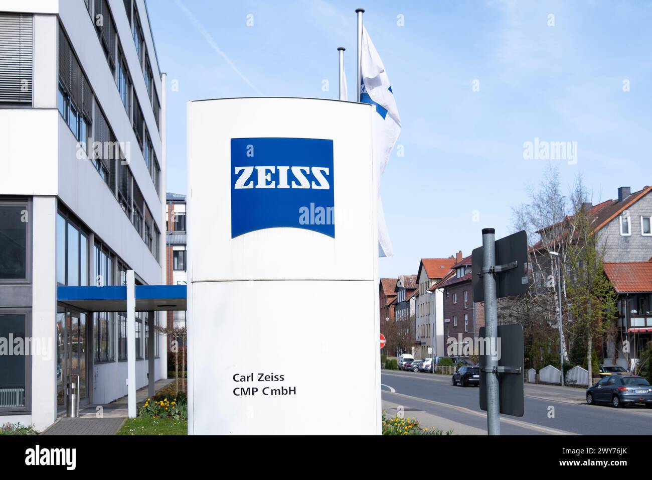 Advertising signboard Carl Zeiss company front representation in Goettingen, production high-quality microscopes, telescopes, optical devices, Götting Stock Photo
