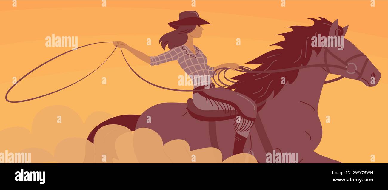 Beautiful cowboy girl in a hat rides a horse. Desert and hot sunset. Athletic agile woman swinging rope lasso. Wild West landscape, western, rodeo and Stock Vector