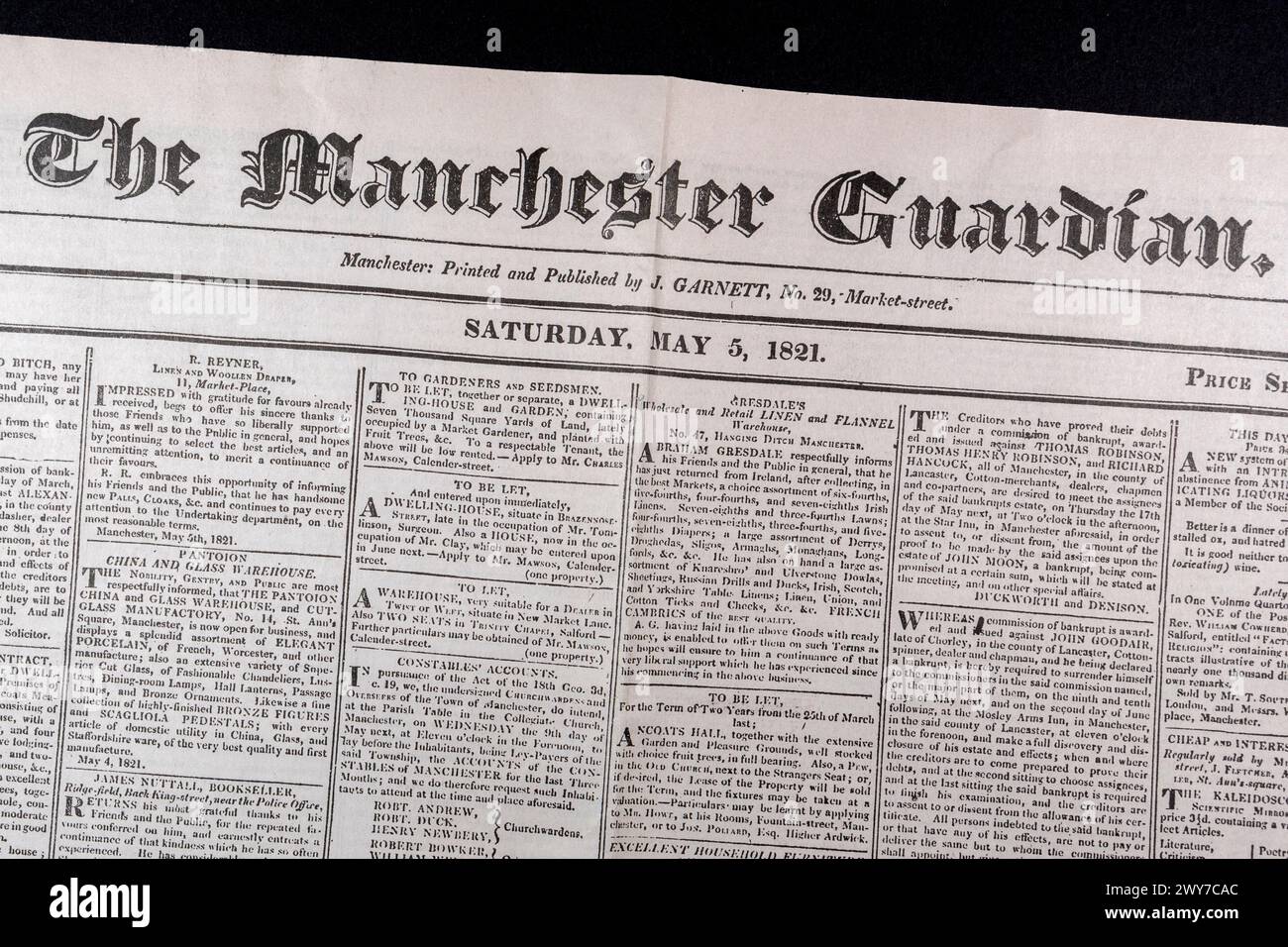 The masthead in the Manchester Guardian (replica), Saturday 5th May 1821. Stock Photo