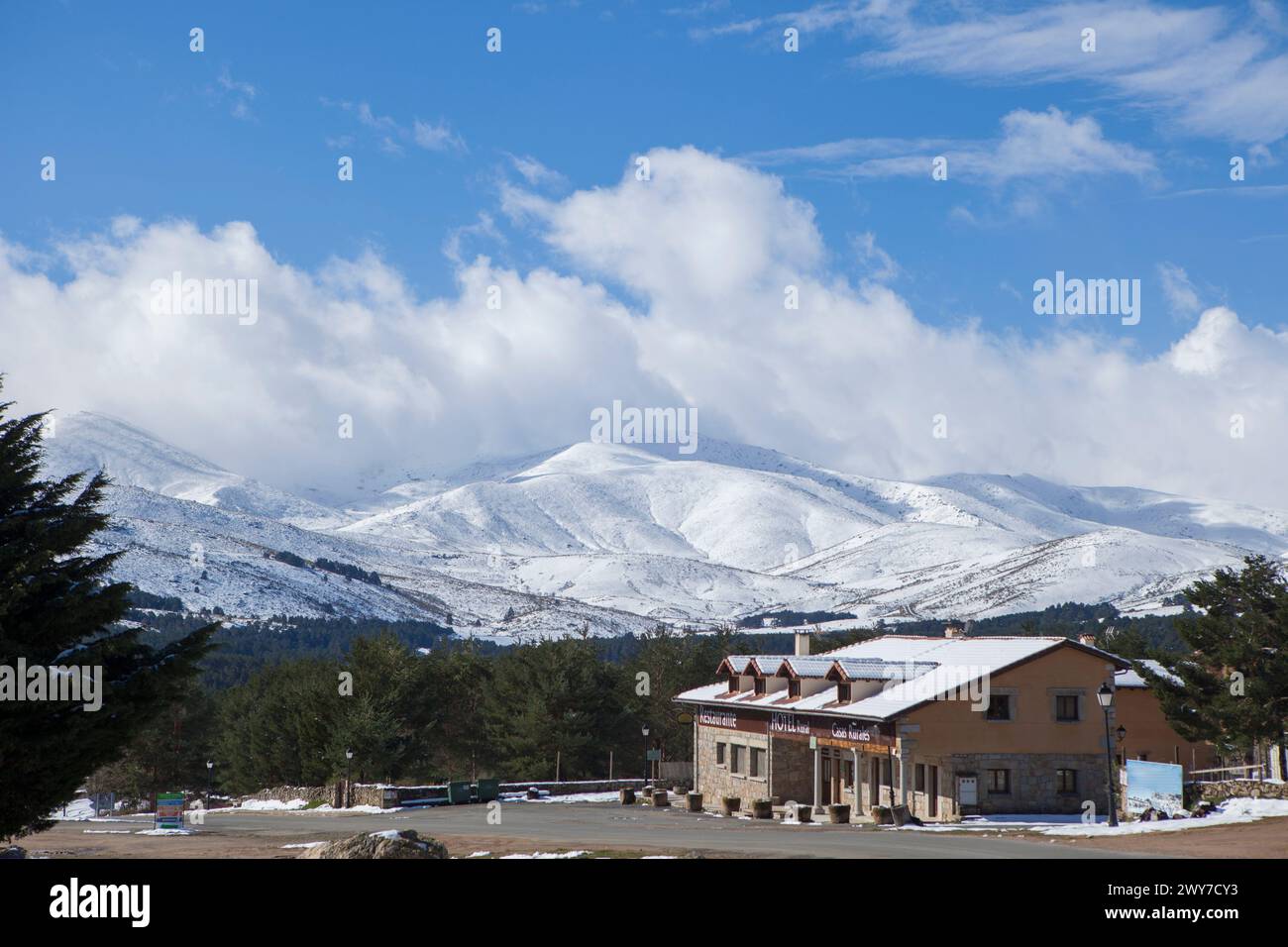 Tourist accommodations on the outskirts of town, Sierra de Gredos, Hoyos del Espino, Avila, Spain Stock Photo