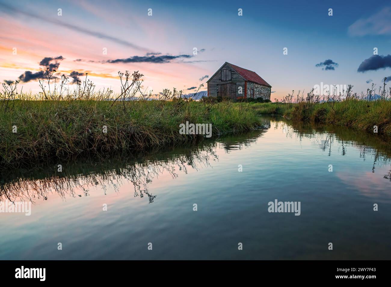 The Coal barn at Thornham Old Harbour at sunset, Thornham, Norfolk ...