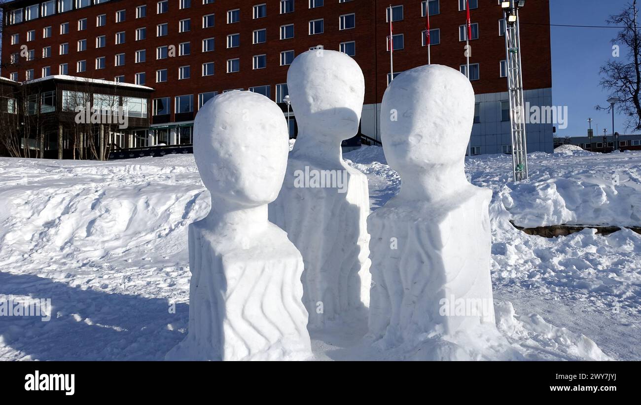 Kiruna, Sweden, February 23, 2020. Art, ice sculptures in a square in the snowy center of Kiruna in northern Sweden during the winter Stock Photo