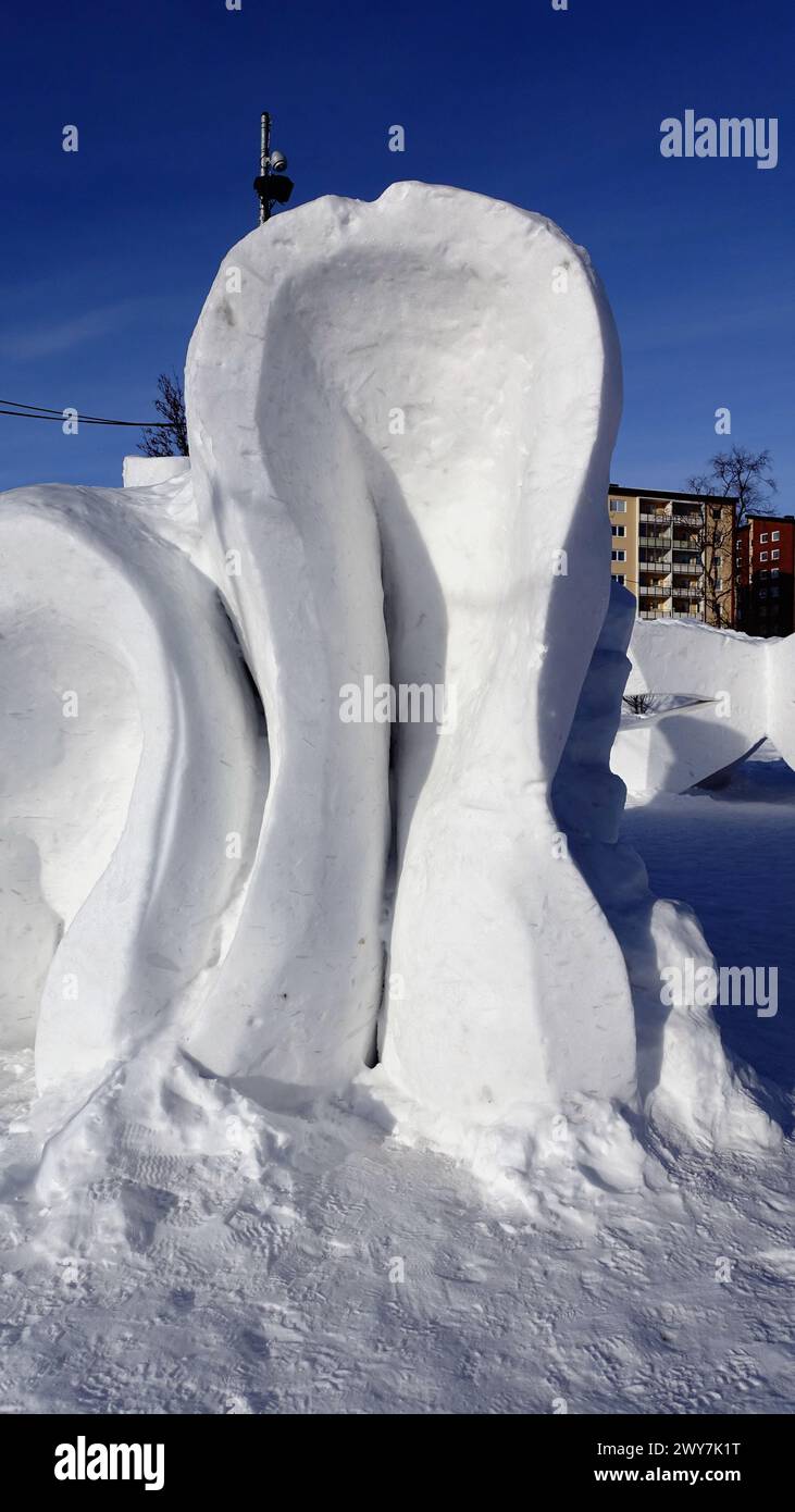 Kiruna, Sweden, February 23, 2020. Art, ice sculptures in a square in the snowy center of Kiruna in northern Sweden during the winter Stock Photo