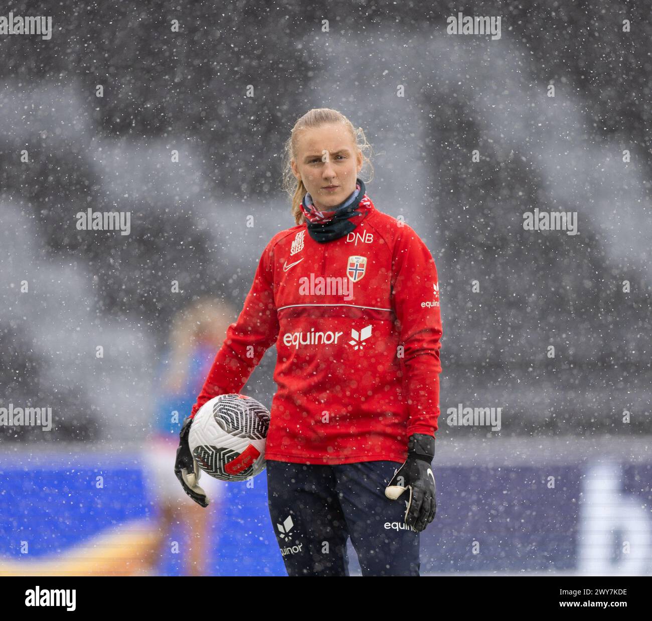 Hamar, Norway. 04th Apr, 2024. Hamar, Norway, April 4th 2024: Goalkeeper Sunniva Skoglund (12 Norway) are seen during warm up before the U23 International friendly game between Norway and the Netherlands at Briskeby Stadium in Hamar, Norway (Ane Frosaker/SPP) Credit: SPP Sport Press Photo. /Alamy Live News Stock Photo