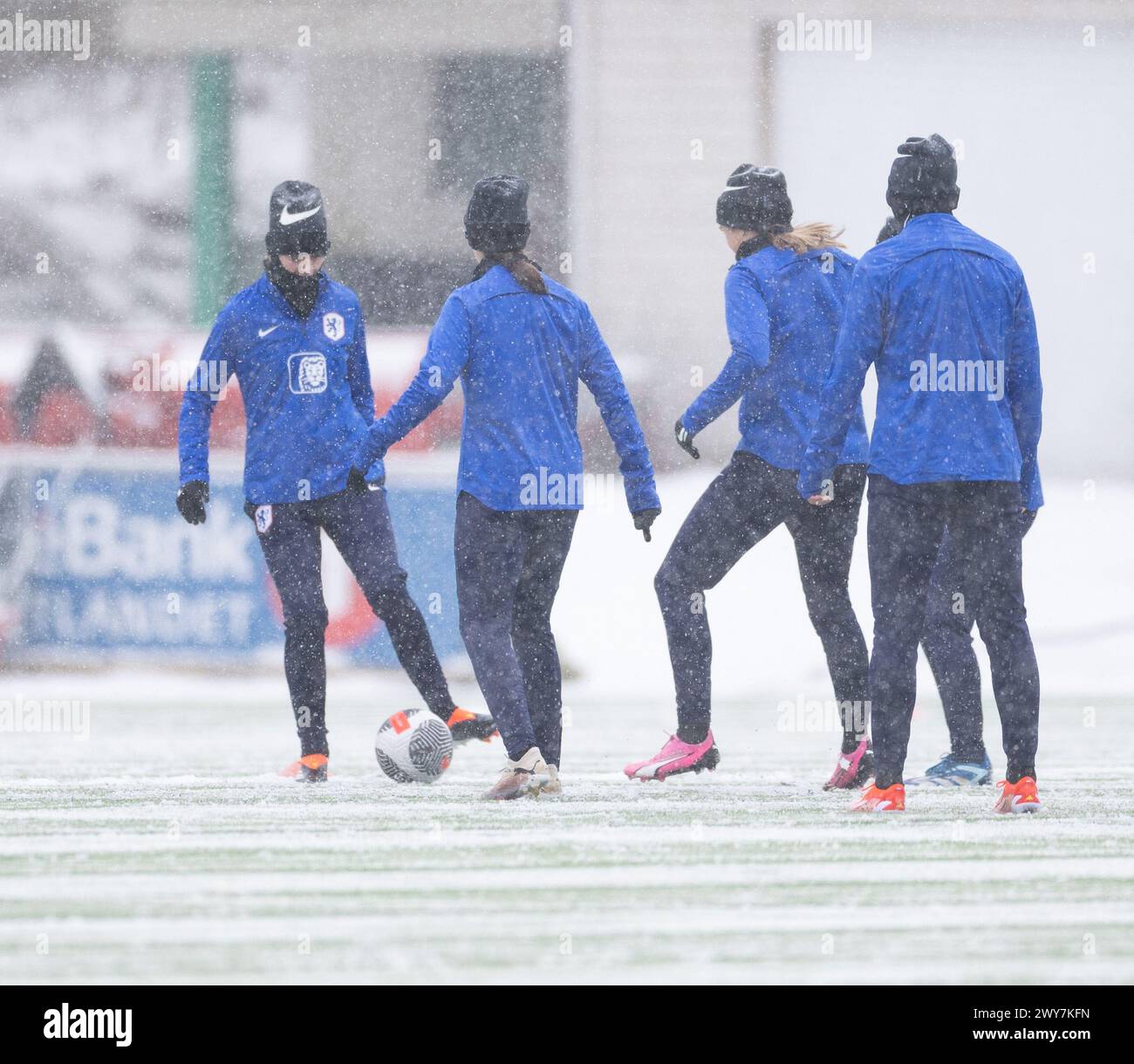 Hamar, Norway. 04th Apr, 2024. Hamar, Norway, April 4th 2024: Players of the Netherlands are seen during warm up before the U23 International friendly game between Norway and the Netherlands at Briskeby Stadium in Hamar, Norway (Ane Frosaker/SPP) Credit: SPP Sport Press Photo. /Alamy Live News Stock Photo