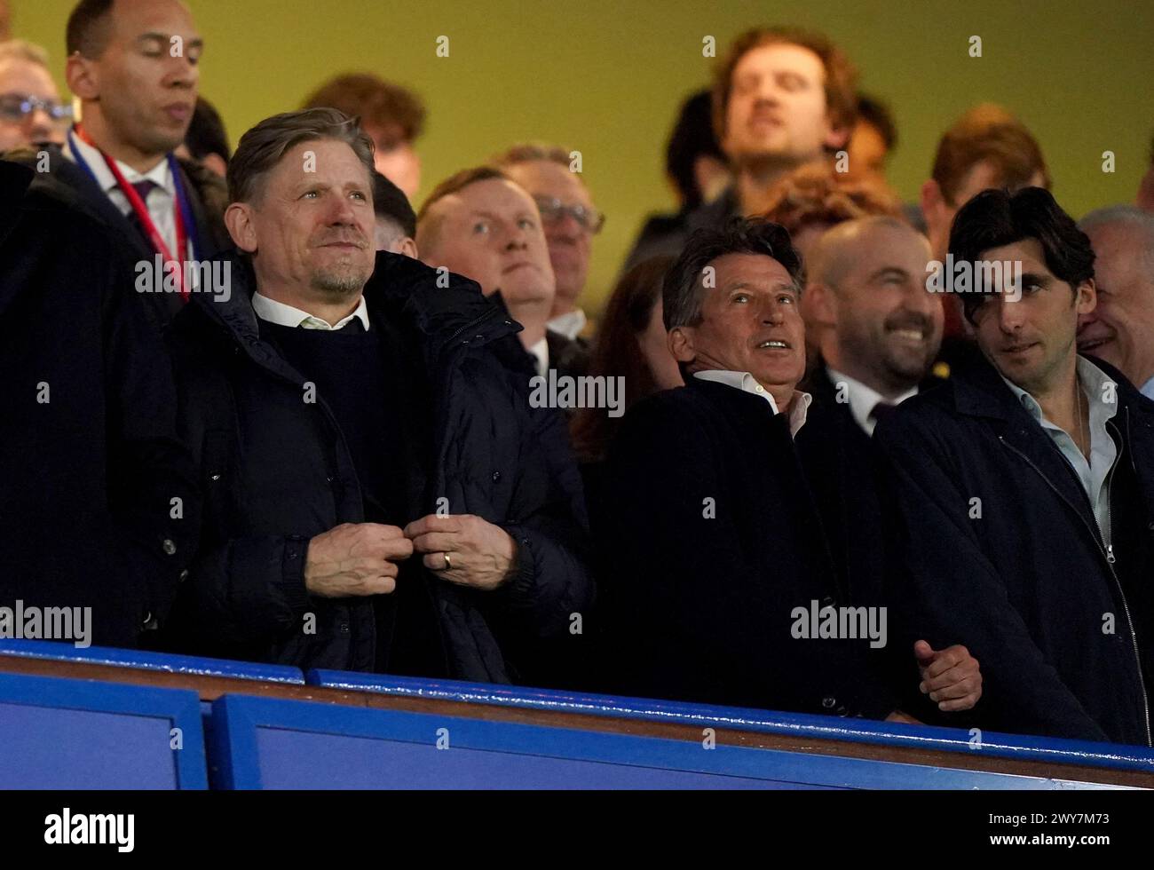 Left to right, Peter Schmeichel, Sebastian Coe and his son Harry Coe in