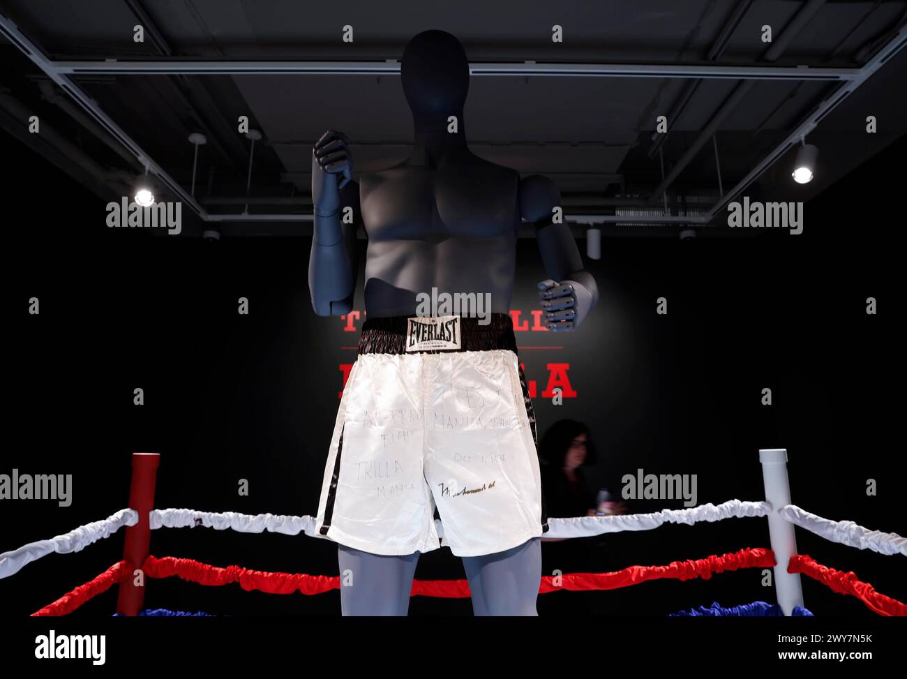 New York, United States. 04th Apr, 2024. Muhammad Ali's fight worn trunks from one of the greatest boxing matches In history 'The 'Thrilla in Manila' is on display at a Press preview for Sotheby's Sports Week in New York City on Thursday, April 4, 2024. Photo by John Angelillo/UPI Credit: UPI/Alamy Live News Stock Photo