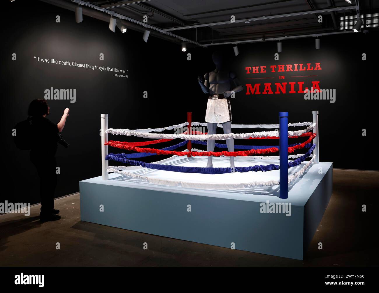 New York, United States. 04th Apr, 2024. Muhammad Ali's fight worn trunks from one of the greatest boxing matches In history 'The 'Thrilla in Manila' is on display at a Press preview for Sotheby's Sports Week in New York City on Thursday, April 4, 2024. Photo by John Angelillo/UPI Credit: UPI/Alamy Live News Stock Photo